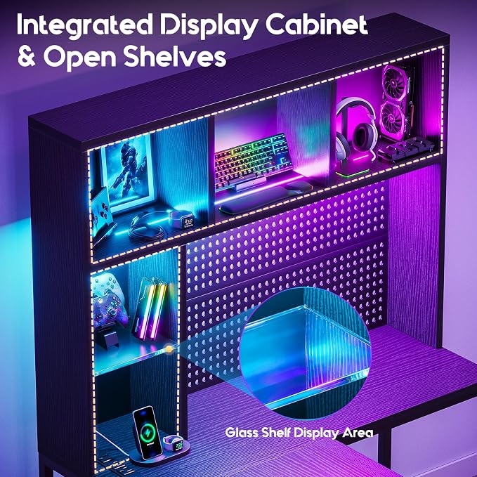 AODK 63" L Shaped Gaming Desk with Hutch, Pegboard & Shelves, L Shaped Desk with 4 Drawers, Integrated LED Light Strip & Power Outlets, Reversible PC Gaming Computer Desk, Black