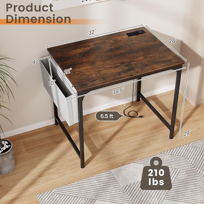 COSTWAY Home Office Desk, 32 Inch Computer Desk with Recessed Power Strip, Storage Bag & Headphone Hook, Wide Desktop, Modern Computer Workstation Writing Table for Home, Office (Rustic Brown + Black)