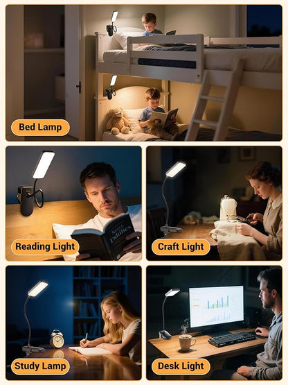 Clip on Light,9 Brightness+5 Colors Rechargeable Lamp,4000mAh Battery Powered Lamp,450 Lumen 48 LED Desk Lamp with Clamp,Cordless & Wireless Lamp,Reading Light for Bed/Headboard/Table/Dorm/Home Office