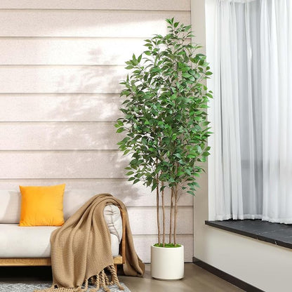 SOGUYI Ficus Artificial Tree 7ft Fake Silk Plant for Home Decor Indoor, Faux Tree in White Imitation Ceramic Planter Fake Floor Plant for Living Room and Home Office Corner Indoor Decor, Set of 1