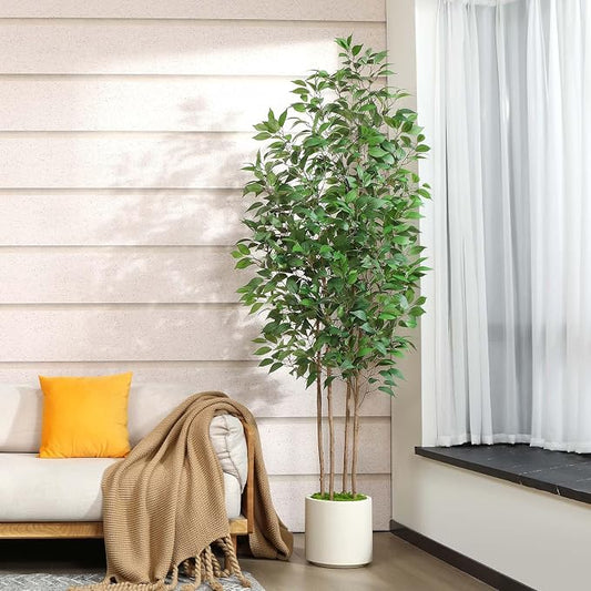 SOGUYI Ficus Artificial Tree 7ft Fake Silk Plant for Home Decor Indoor, Faux Tree in White Imitation Ceramic Planter Fake Floor Plant for Living Room and Home Office Corner Indoor Decor, Set of 1