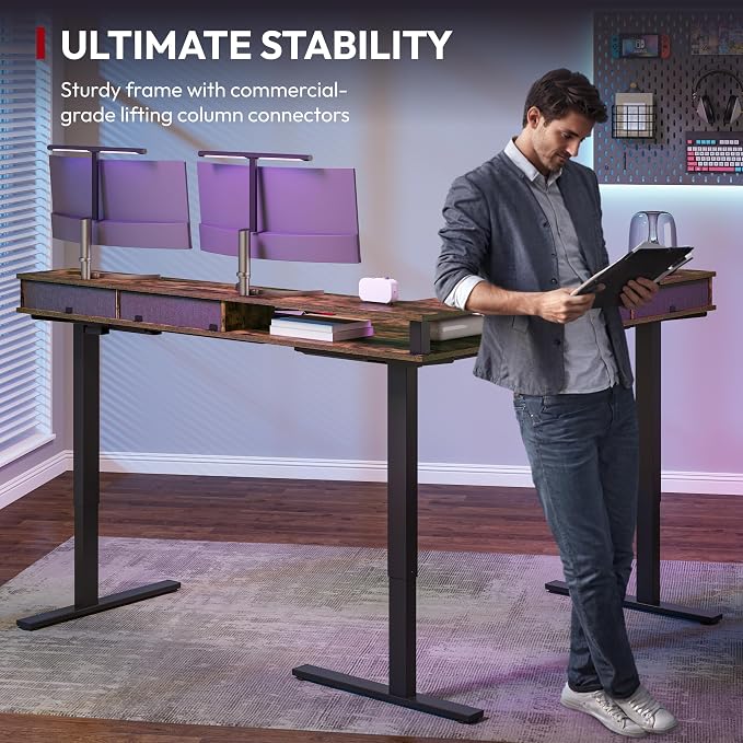SANODESK 63" L Shaped Standing Desk with 4 Drawers, Height Adjustable Stand up Desk, Corner Gaming Desk with Monitor Stand, Black Frame/Rustic Brown Top