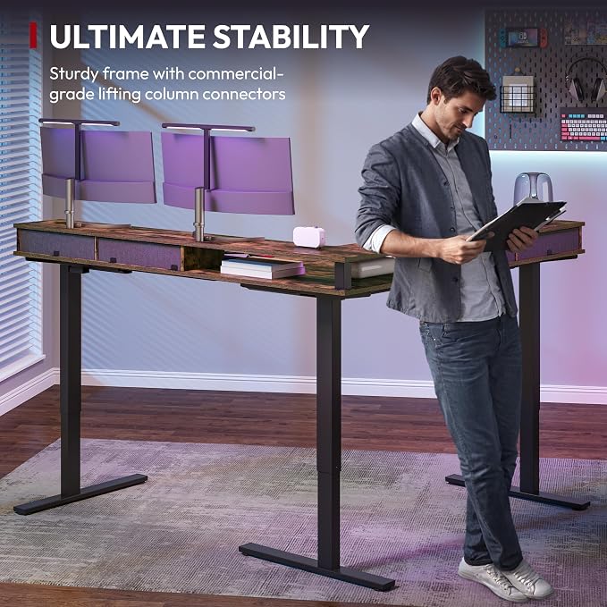 SANODESK 71" L Shaped Standing Desk with 4 Drawers, Height Adjustable Stand up Desk, Corner Gaming Desk with Monitor Stand, Black Frame/Rustic Brown Top