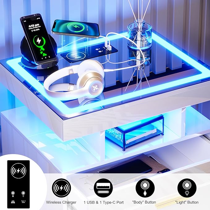 HNEBC LED Nightstand with Charging Station (USB,Type-C Ports) High Gloss Bedside Table with 2 Drawers, Smart Night Stand with Auto Sensor Lights,Modern Bed Side Table for Bedroom (White)