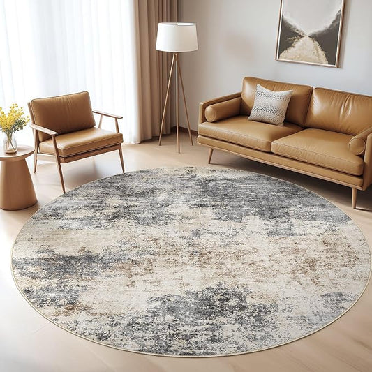 Round Rug Living Room Rugs: 5x5 Washable Circle Large Abstract Modern Soft Stain Resistant Non-Slip Indoor Floor Carpet for Bedroom Nursery Office Dining Room Dorm Home House- Grey Brown