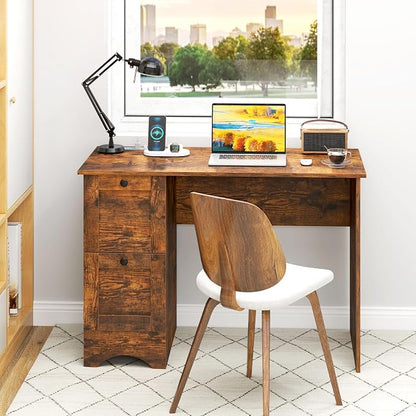 Giantex Computer Desk with 2 Drawers, 43” Wooden Home Office Desk with Charging Station, Compact Study Writing Desk, Modern Laptop PC Desk Workstation for Bedroom, Living Room (Rustic Brown)