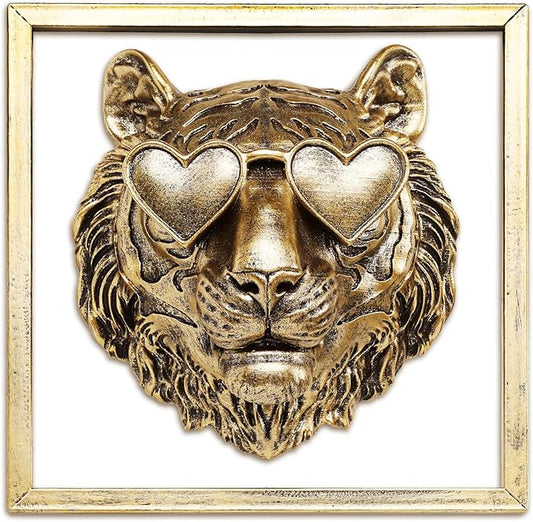 Newinhome Animal Heads Wall Decor (Includes Metal Frame) Resin Animals Sculptures Head Wall Hanging Decoration Gold vintage Wall Sculpture for Living Room Bedroom Office(Tiger)