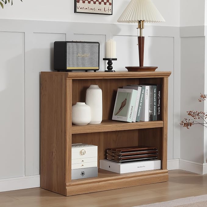 blini 2-Shelf Bookcase Wooden Bookshelves 33in Wide Floor Standing Display Storage Shelves Mahogany Bookcase for Home Office, Living Room, Bed Room