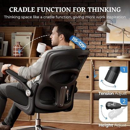 Ergonomic Office Chair - Adjustable Lumbar Support | 350lbs Big & Tall Heavy Duty Mesh Comfy Chair with Flip-Up Arms Gaming Chairs for Adult Home and Business