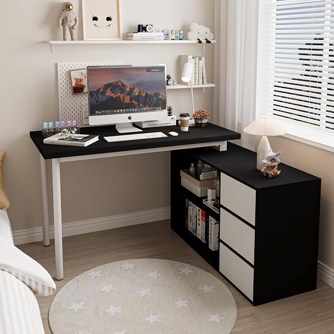 Bobve L Shaped Computer Desk, 47 Inch Home Office Desk with File Drawers & Storage Shelves, Small Corner Computer Desk for Small Space (Black + White)