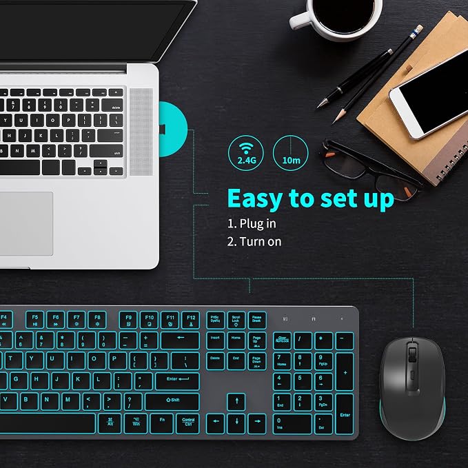 POWZAN Backlit Wireless Keyboard and Mouse Combo, Rechargeable Quiet 2.4G Cordless USB Slim Full Size for Apple iMac, MacBook, laptop and PC, Space Gray