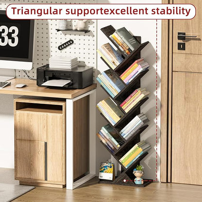 SHEEPAM 10 Tier Tree Book Shelf, Floor Standing Wood Bookshelf for Narrow Space, Storage Organizer Bookshelves for Books/CDs/Magazine, Bookcase with Shelves for Home Office, Living Room - Dark Grey