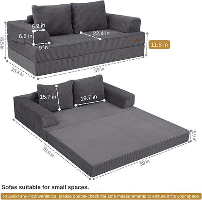 COMAX Convertible Sofa Bed, Folding Floor Couch Corduroy Fold Out Couch Bed Futon Sleeper Mattress with Pillows, Boneless Sofa Lounge Loveseat for Living Room, Grey