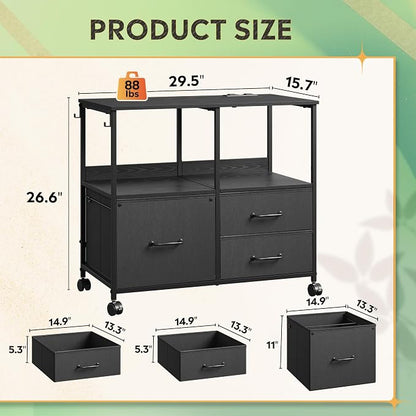 DEVAISE 3 Drawer File Cabinet with Charging Station, Rolling Printer Stand for Office Storage, Mobile Filing Cabinet fits Under Desk Storage, Black