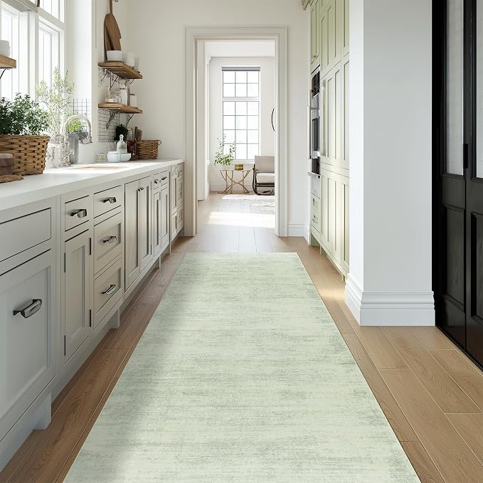 BILEEHOME Modern Abstract Neutral Green Kitchen Rugs Non Slip Washable Low Pile Bedside Rug Runners 2x6 Sage Green Floor Covering Carpet for Bathroom Laundry Room 2 x 6