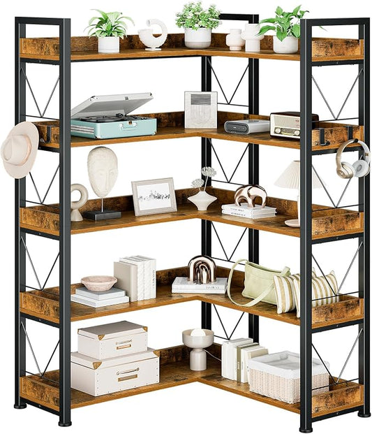 DUMOS 65 inch L Shaped Bookshelf, 5 Tier Corner Bookcase with Hooks and Edge, Industrial Pantry Shelves with Metal Frame, Wooden Open Storage for Living Room, Home Office, Bedroom, Rustic Brown
