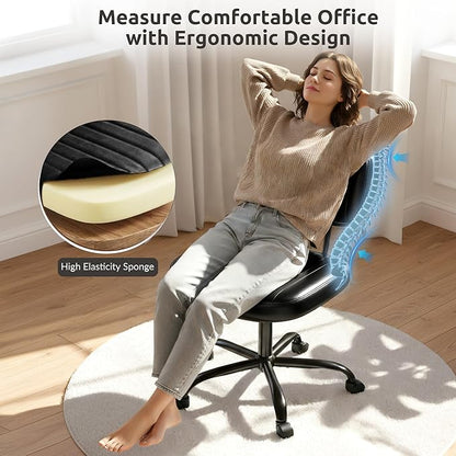 Swivel Rolling Office Chair, Armless Pu Leather Vanity Chair with Back Lumbar Support Height Adjustable Computer Chair, Small Desk Chair for Home Office, Black