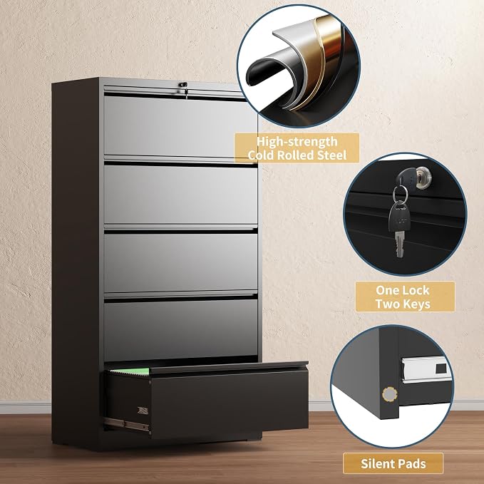 5 Drawer File Cabinet with Lock, Lateral Filing Cabinets, Metal Storage Filing Cabinets for Home Office, Heavy Duty File Cabinet for Letter/Legal/A4/F4 Size Assembly Required, Black