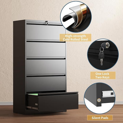 5 Drawer File Cabinet with Lock, Lateral Filing Cabinets, Metal Storage Filing Cabinets for Home Office, Heavy Duty File Cabinet for Letter/Legal/A4/F4 Size Assembly Required, Black
