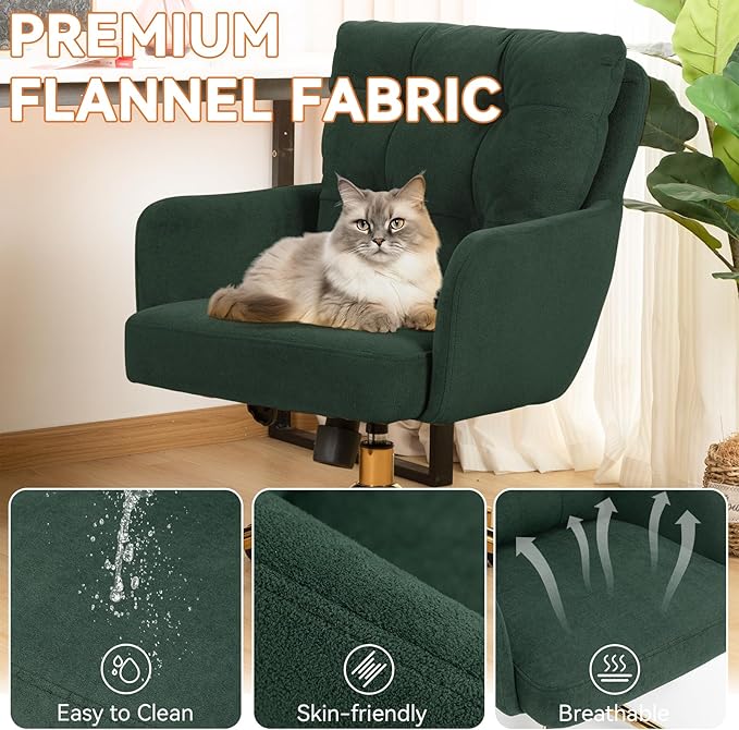 Flannel Office Chair, Comfy Home Office Desk Chairs with Lumbar Support, Modern Velvet Desk Chair Gold Legs Small Swivel Task Chair for Home Office, Bedroom, Study (Green, L)