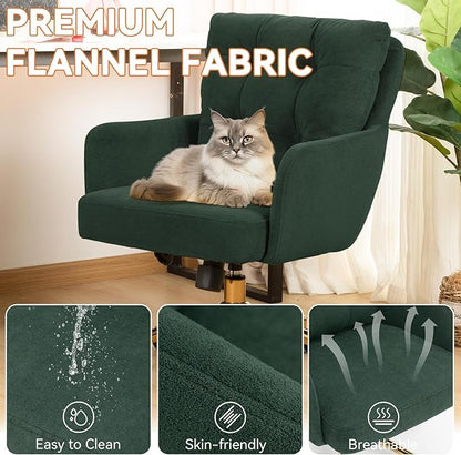 Flannel Office Chair, Comfy Home Office Desk Chairs with Lumbar Support, Modern Velvet Desk Chair Gold Legs Small Swivel Task Chair for Home Office, Bedroom, Study (Green, L)