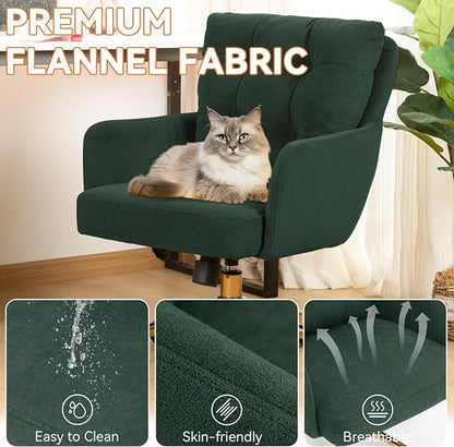 Flannel Office Chair, Comfy Home Office Desk Chairs with Lumbar Support, Modern Plush Fabric Desk Chair Gold Legs Swivel Task Chair for Home Office, Bedroom, Study, Green Upgraded Version