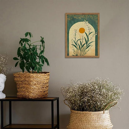 Framed Boho Wall Art, Lily of the Valley Emerald Green Sun Canvas, Mystical Country Botanical Wall Decor, Spiritual Flowers Poster Pictures Print for Bedroom Living Room – 12x16 inch
