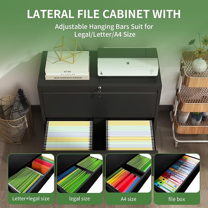 2 Drawer File Cabinet,Metal Lateral Filing Cabinet with Lock,Home Office Storage Organizer Cabinet for Legal/Letter/A4/F4 Size Files,35.5" W,Black