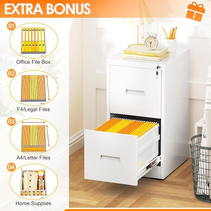 INTERGREAT 2 Drawers File Cabinet with Lock, 18" D Metal White Vertical Filing Cabinet for Hanging Folders, Easy Assemble