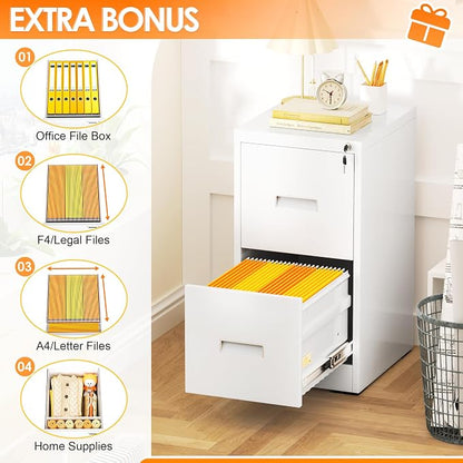 INTERGREAT 2 Drawers File Cabinet with Lock, 18" D Metal White Vertical Filing Cabinet for Hanging Folders, Easy Assemble