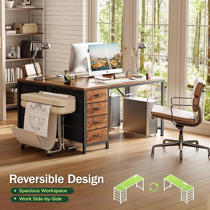 PRAISUN 47.2 Inch Computer Office Desk with Power Outelts and USB-C Port, Reversible Gaming Desk with 4 Fabric Drawers, Work Study Desk Work from Home, Rustic Brown