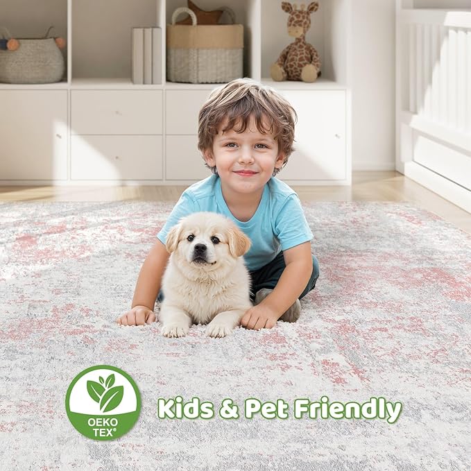 Pink Rug 5x8 Living Room: Washable Large Abstract Neutral Modern Soft Rug Stain Resistant Indoor Floor Non-Slip Accent Carpet for Girl Bedroom Nursery Playroom Office Dining Room Home