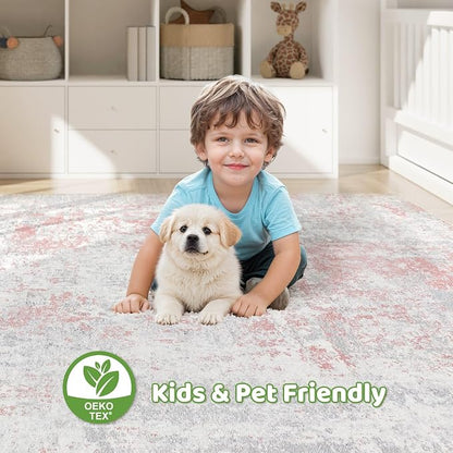 7x9 Area Rugs Living Room: Washable Large Abstract Neutral Modern Soft Rugs Stain Resistant Indoor Floor Non-Slip Accent Carpet for Girl Bedroom Nursery Playroom Office Dining Room Home- Pink Gray