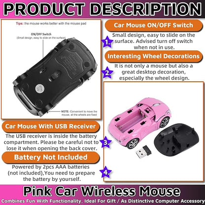 HuGuWdy Pink Wireless Car Mouse - 2.4G Wireless with USB Receiver, Optical Mouse for PC, Laptop, Tablet - Win XP/Vista/7/ME/2000/Mac OS Pink Mouse for Her for Christmas