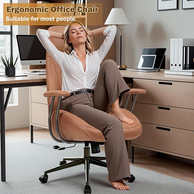 Home Office Chair,Ergonomic Computer Chair with Lumbar Support Adjustable Height,Mid-Century Modern Office Chair with Rolling Swivel Chair for Home Office Game Study(Suede High Back Chair,Light Brown)