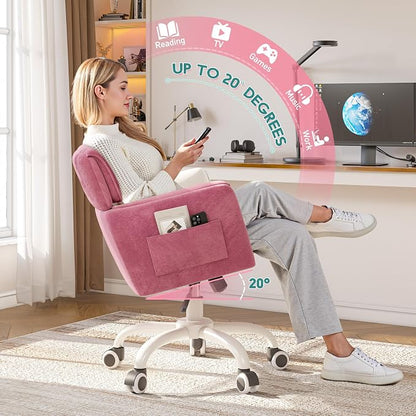 DurayLoly Home Office Chair with Wheels Soft-Touch Material,Modern Cute Vanity Chair with Back Adjustable Height Upholstered Comfy Desk Chairs with Side Pockets for Bedroom,Pink