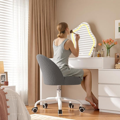 DurayLoly Vanity Chair with Back, Cute Desk Chair with Wheels, Armless Chair with Height Adjustable & 360° Swivel, Soft Lumbar Support for Small Space, Bedroom, Grey