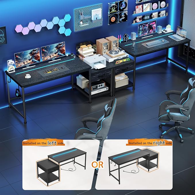 DurayLoly 48.1'' Gaming Desk with Printer Shelf & LED Lights, Reversible Computer Desk with Power Outlets & Drawers, Gaming Table with Hooks for Headphone,Small Desk for Teens, Bedroom & Dorm,Black