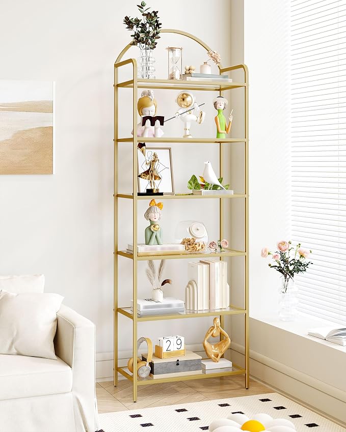 Hzuaneri Bookcase Bookshelf, Tempered Glass Bookshelves, Slim Shelving Unit for Bedroom, Bathroom, Home Office, Steel Frame, 6 Tier Gold BC21699G