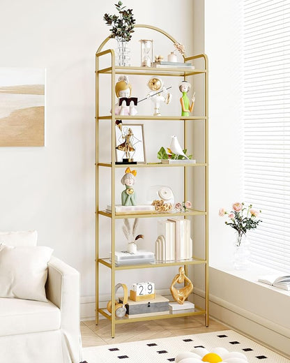 Hzuaneri Bookcase Bookshelf, Tempered Glass Bookshelves, Slim Shelving Unit for Bedroom, Bathroom, Home Office, Steel Frame, 6 Tier Gold BC21699G