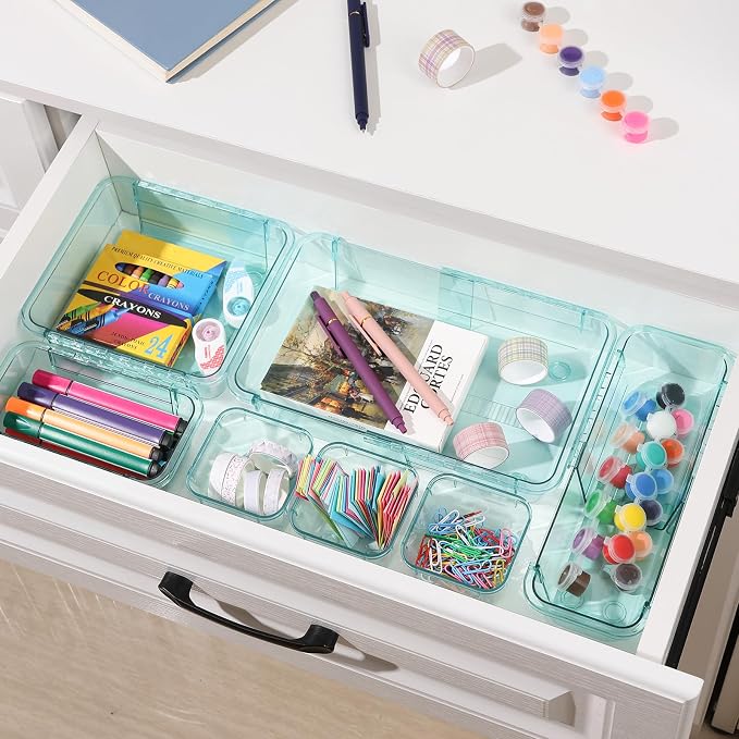 14 Pcs Adjustable Clear Drawer Organizer, Extendable Vanity Storage Bins, Desk Drawer Organizer Set for Makeup, Cosmetics, Bedroom, and Gadgets, Blue