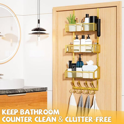 Kaiferty Over The Door Hooks Organizer, Coat Rack Over The Door Storage Hanger Towel Rack, Back of Door Storage Organizer for Bathroom,Bedroom,Kitchen,Office (Gold, 4-Tier)