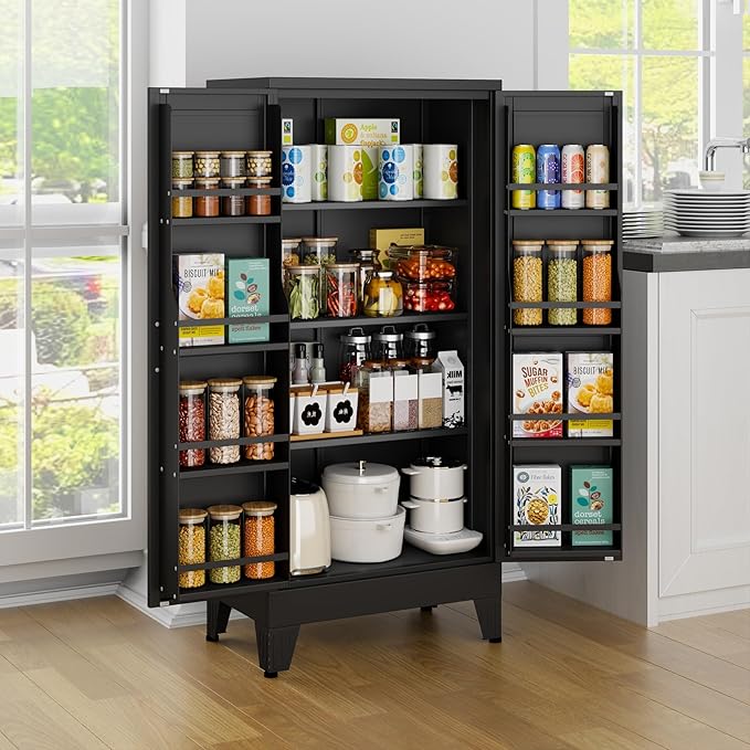 White Pantry Storage Cabinet, 48" Kitchen Pantry with Doors and 3 Adjustable Shelves, Metal Freestanding Buffet Cupboards Sideboard, for Office, Home, Garage, School