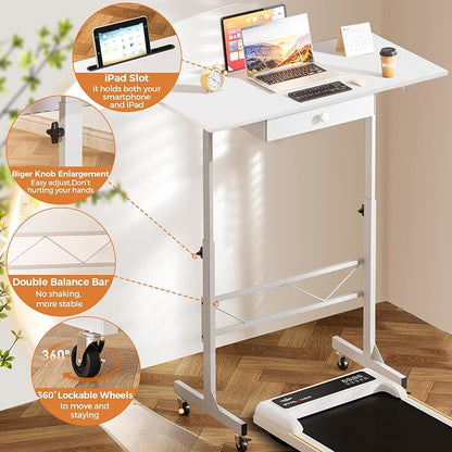 GTPLAYER Small Standing Desk Adjustable Height Small Computer Desk Mobile Portable Rolling Laptop Table with Wheels 32" Computer Workstation Sit Stand Desks Portable Standing Table Treadmill desks
