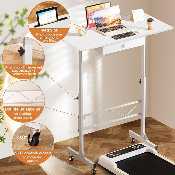 GTPLAYER Small Standing Desk Adjustable Height Small Computer Desk Mobile Portable Rolling Laptop Table with Wheels 32" Computer Workstation Sit Stand Desks Portable Standing Table Treadmill desks