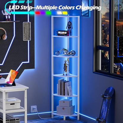 Furnulem 6 Tier Corner Shelf with LED Light, 67.5” Tall Standing Shelf Organizer, White Narrow Bookshelf with Storage Rack for Wall Corner, Living Room, Bedroom, Metal Frame, Wood Display Shelf