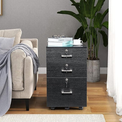 Bonnlo 26" H 3 Drawer File Cabinet with Lock, Rolling File Cabinet Under Desk, Mobile File Cabinets for Home Office, Wood Black File Cabinet Printer Stand for Letter Size Hanging/Manila File Folders