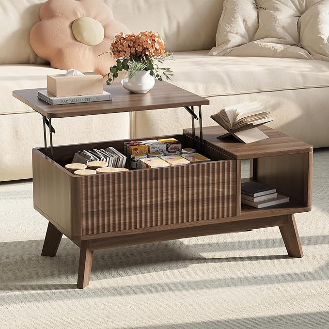 Wood Lift Top Coffee Table with Hidden Compartment and Large Storage Shelf, Lift Tabletop Dining Center Table for Home Living Room Office,Walnut