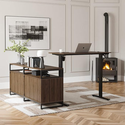 FEZIBO L Shaped Standing Desk with Drawers and Shelves, Executive Electric Standing Desk Adjustable Height, Sit Stand Table 66 inch Dark Walnut