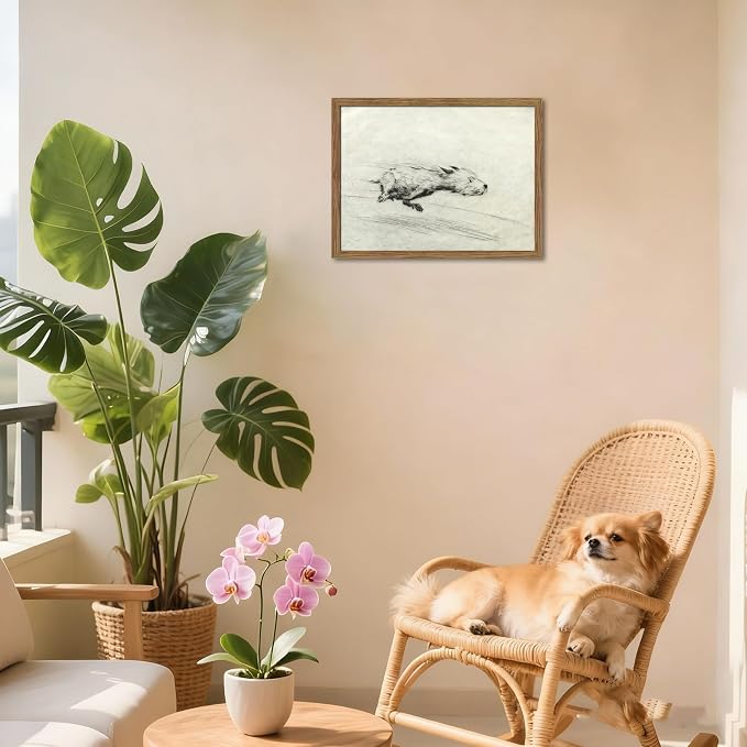 Framed Dog with Zoomies Canvas Wall Art, Vintage Dog Flight Poster Print, Sketch Running Little Pictures Decor, Black and White Silly Wall Decor for Living Room Bedroom – 12x16 inch